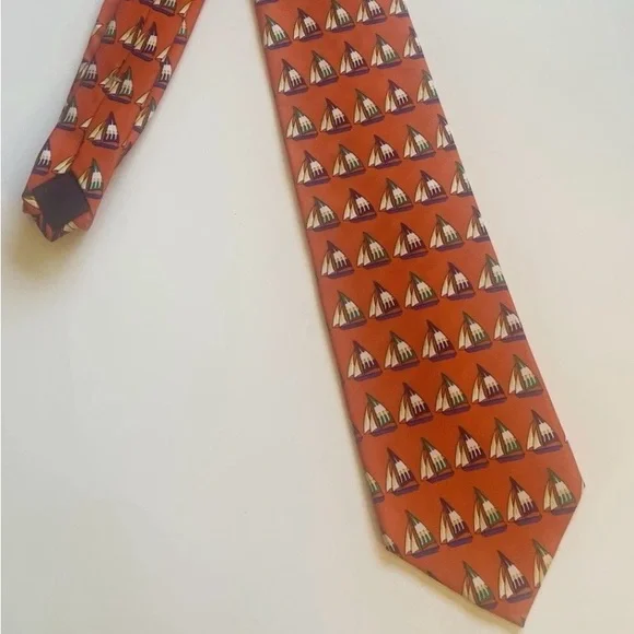 Brooks’s Brothers Men’s  All Silk Tie Orange With Sailboats - Picture 2 of 3